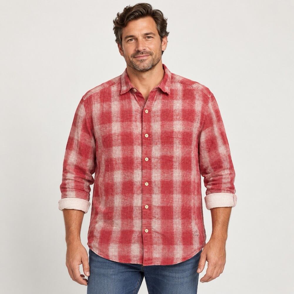 Tommy Bahama Bahama Relax Linen Shirt XL Red White Plaid Button Front Coastal